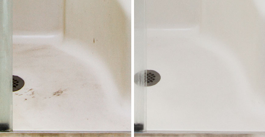 Clean fiberglass shower surfaces with Wet & Forget Shower.