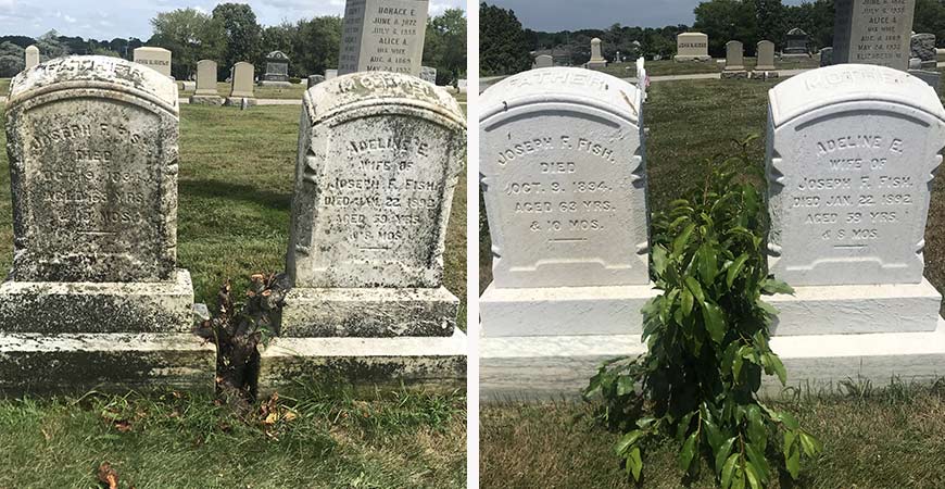 Before and after cleaning headstones with Wet & Forget