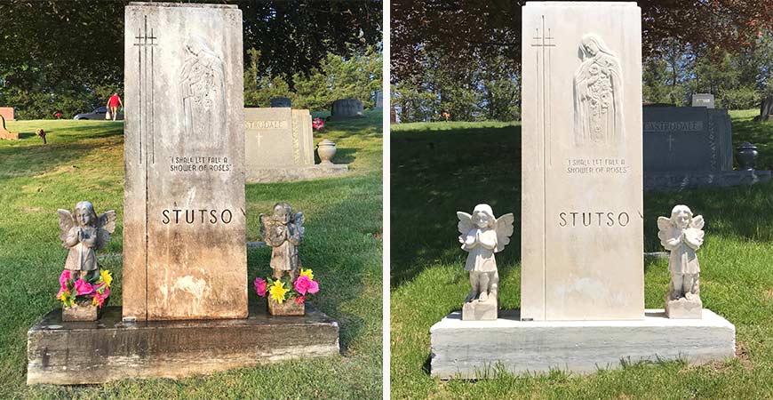 Before and after cleaning algae-covered gravestone with Wet & Forget.