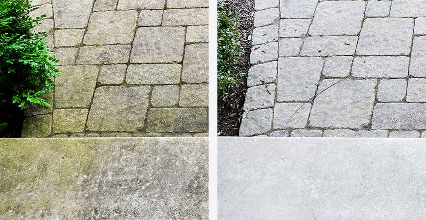 Before and after photos of Wet & Forget being used on bluestone.