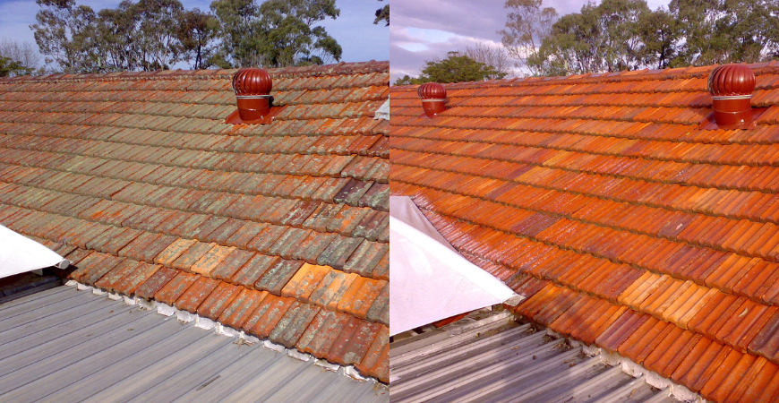 A before and after of a tile roof after using Wet & Forget. 