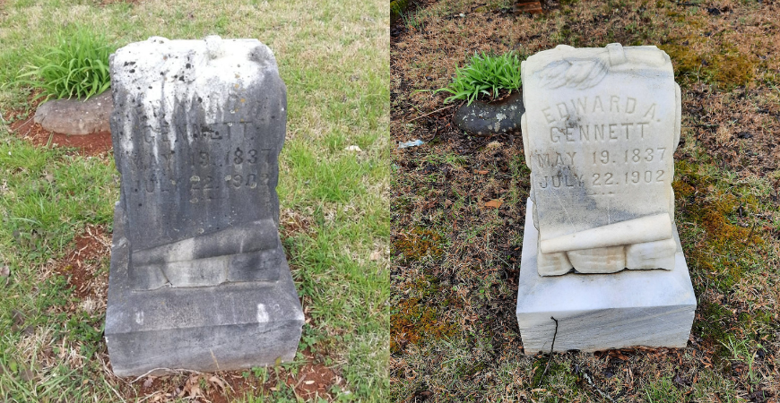 Before and after photo of a hand-carved headstone.
