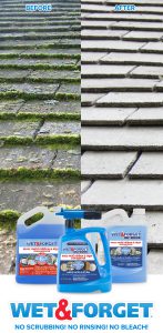 Stuck with stubborn moss on your roof? Clean it up with a quick application of Wet & Forget Hose End! No scrubbing or rinsing needed.