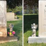 Before and after cleaning algae-covered gravestone with Wet & Forget.