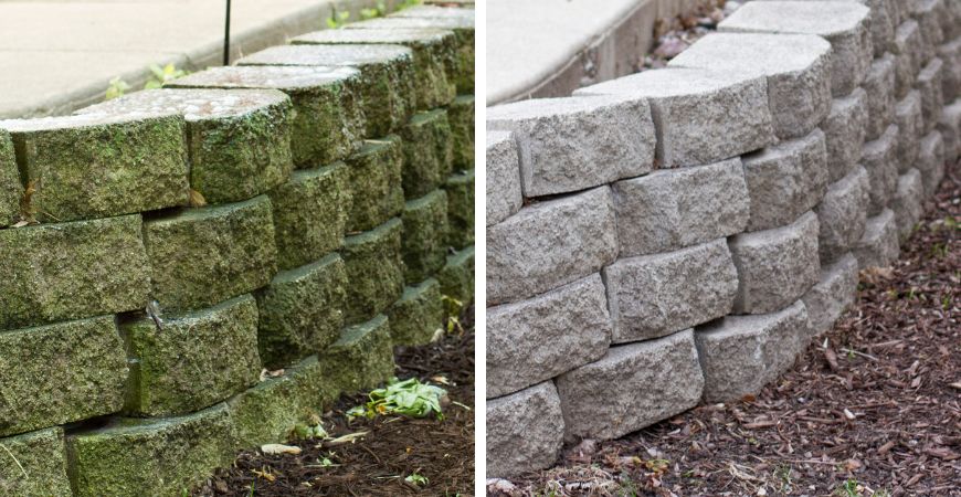 Easily remove algae stains on a retaining wall with Wet and Forget.