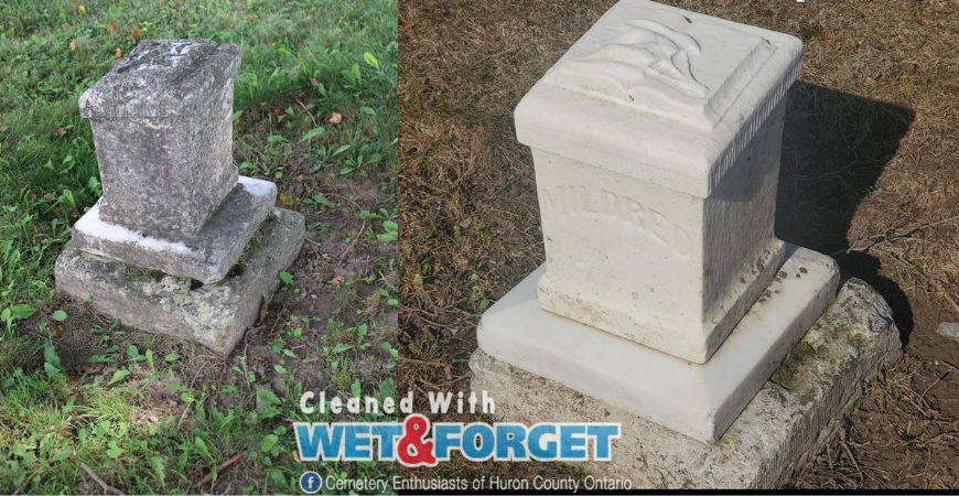 Before and after photos of black stains on a headstone cleaned by Wet and Forget. 