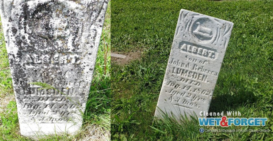 Before and after photos of moss and black stains on a headstone cleaned by Wet and Forget. 